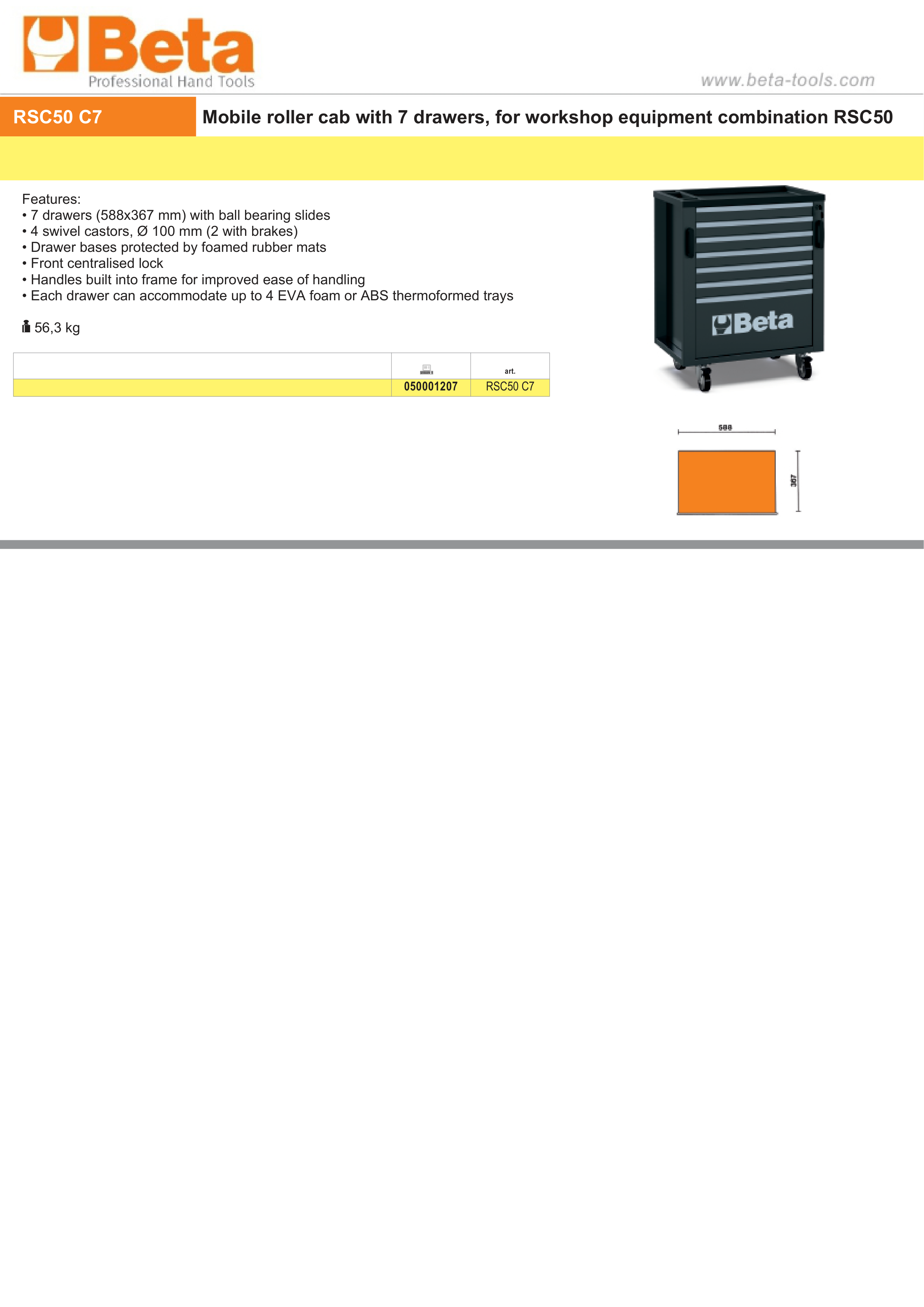 Mobile Roller Cabinet with 7 Drawers for RSC50, 588x367mm, Swivel Castors, Central Lock - BetaRSC50 RSC50 C7 thumbnail 3