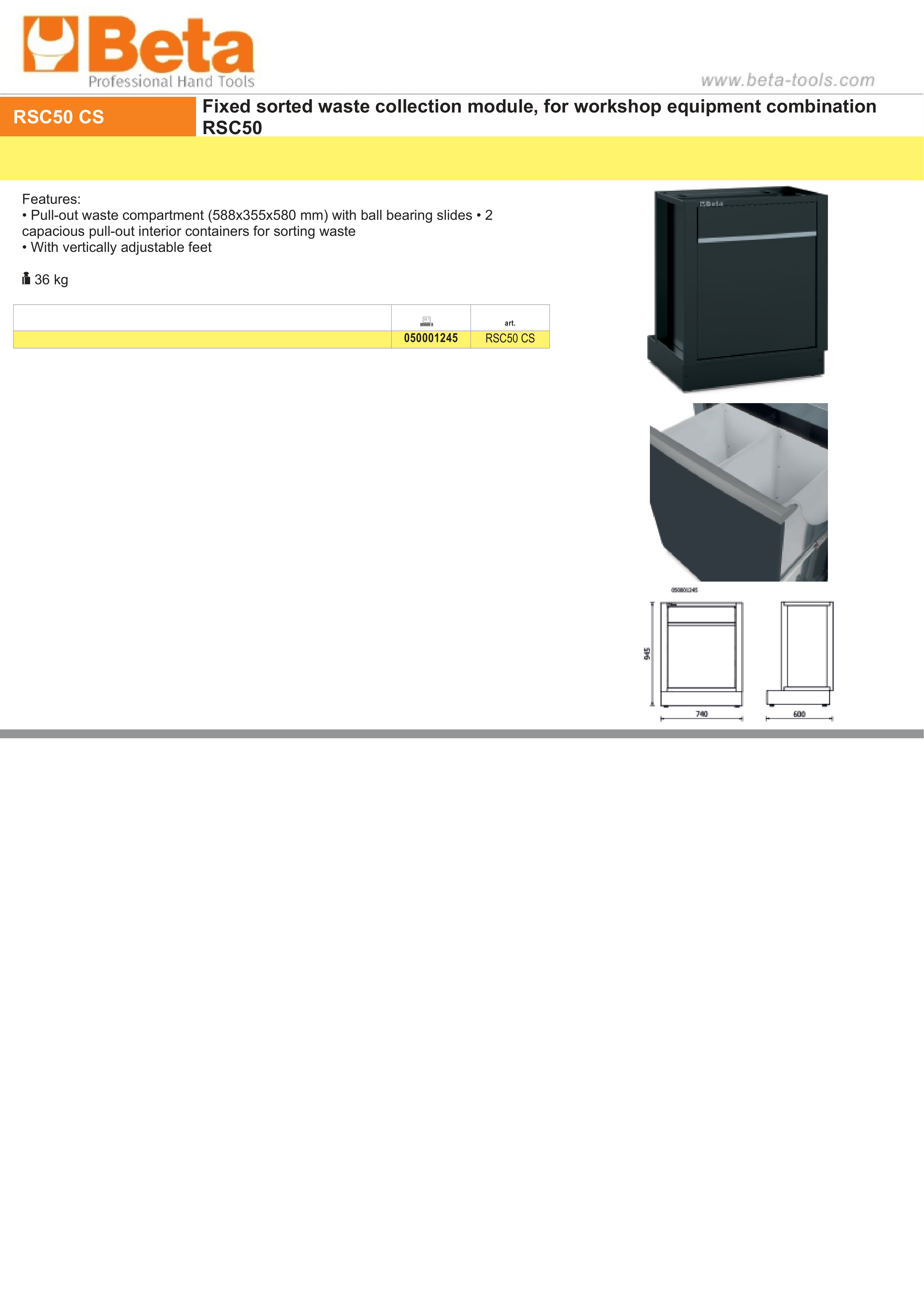 SORTED WASTE COLLECTION MODULE RSC50 CS BETA PULL-OUT 2 CONTAINERS ADJUSTABLE FEET thumbnail 2