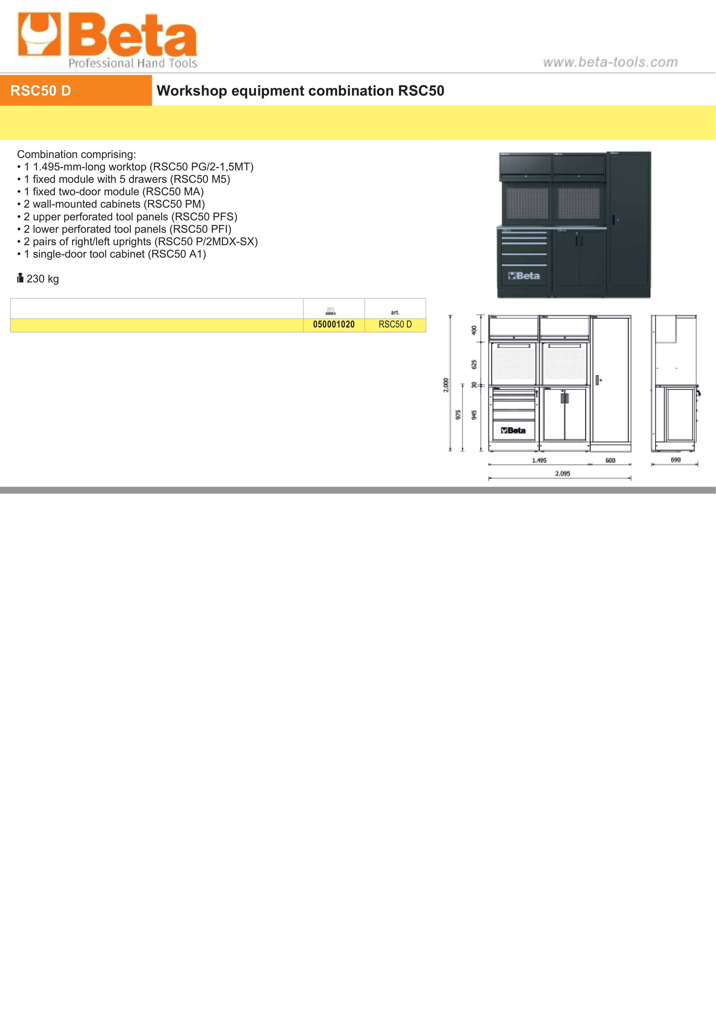 Workshop Equipment Combination RSC50 with Worktop, Drawers, Cabinets, and Tool Panels - BetaRSC50 RSC50 D thumbnail 2