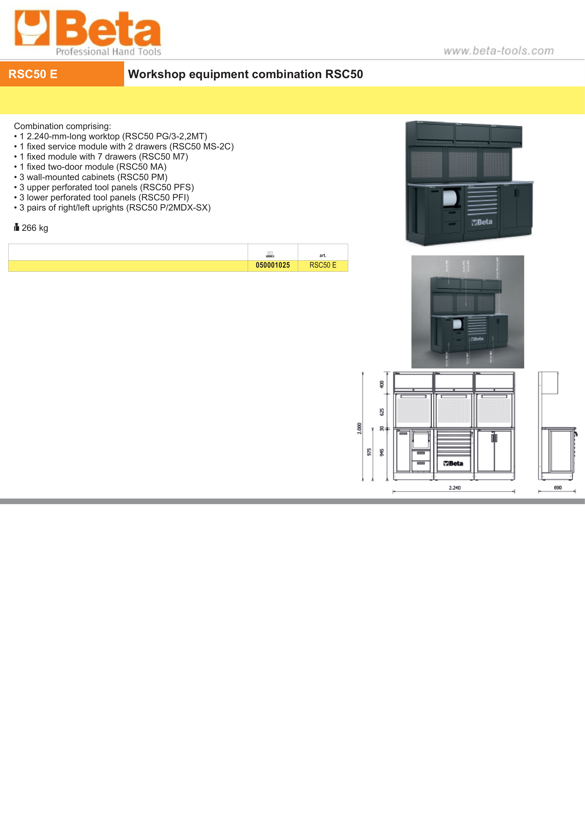 Workshop Equipment Combination RSC50 with 2.240mm Worktop, Drawers, Cabinets, and Tool Panels - BetaRSC50 RSC50 E thumbnail 3
