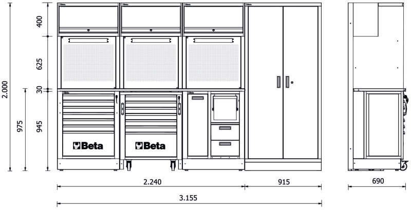 Workshop Equipment Combination RSC50 with 2.240mm Worktop, Drawers, Roller Cab, and Tool Panels - BetaRSC50 RSC50 F thumbnail 4