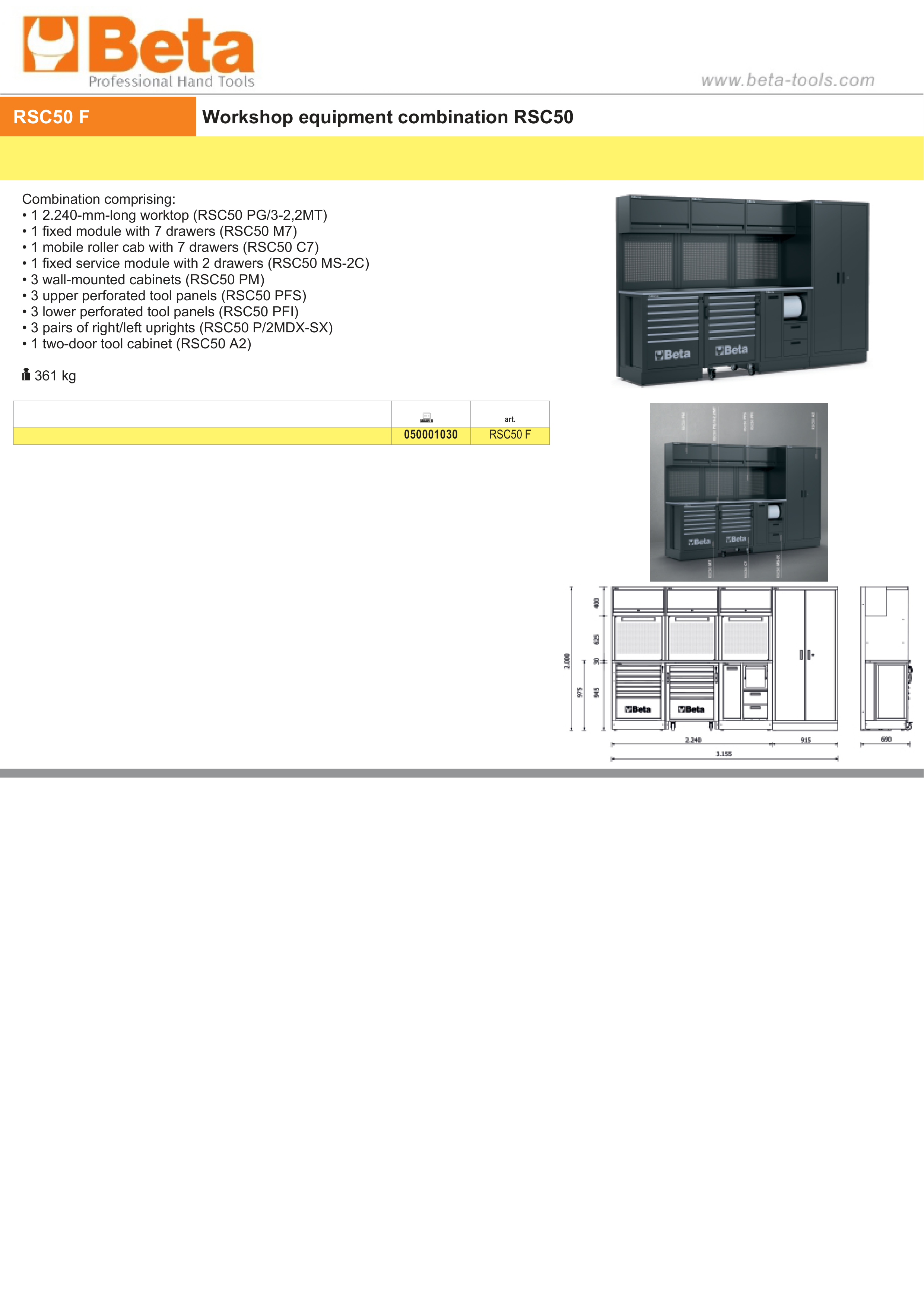 Workshop Equipment Combination RSC50 with 2.240mm Worktop, Drawers, Roller Cab, and Tool Panels - BetaRSC50 RSC50 F thumbnail 3