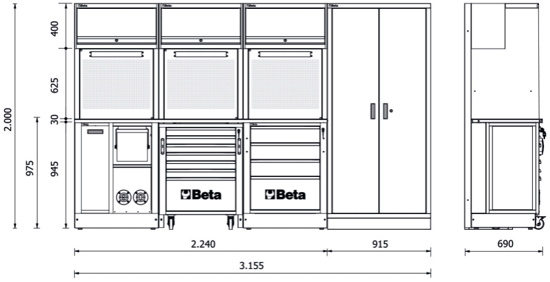 Workshop Equipment Combination RSC50 with 2.240mm Worktop, Drawers, Roller Cab, and Tool Panels - BetaRSC50 RSC50 G thumbnail 3
