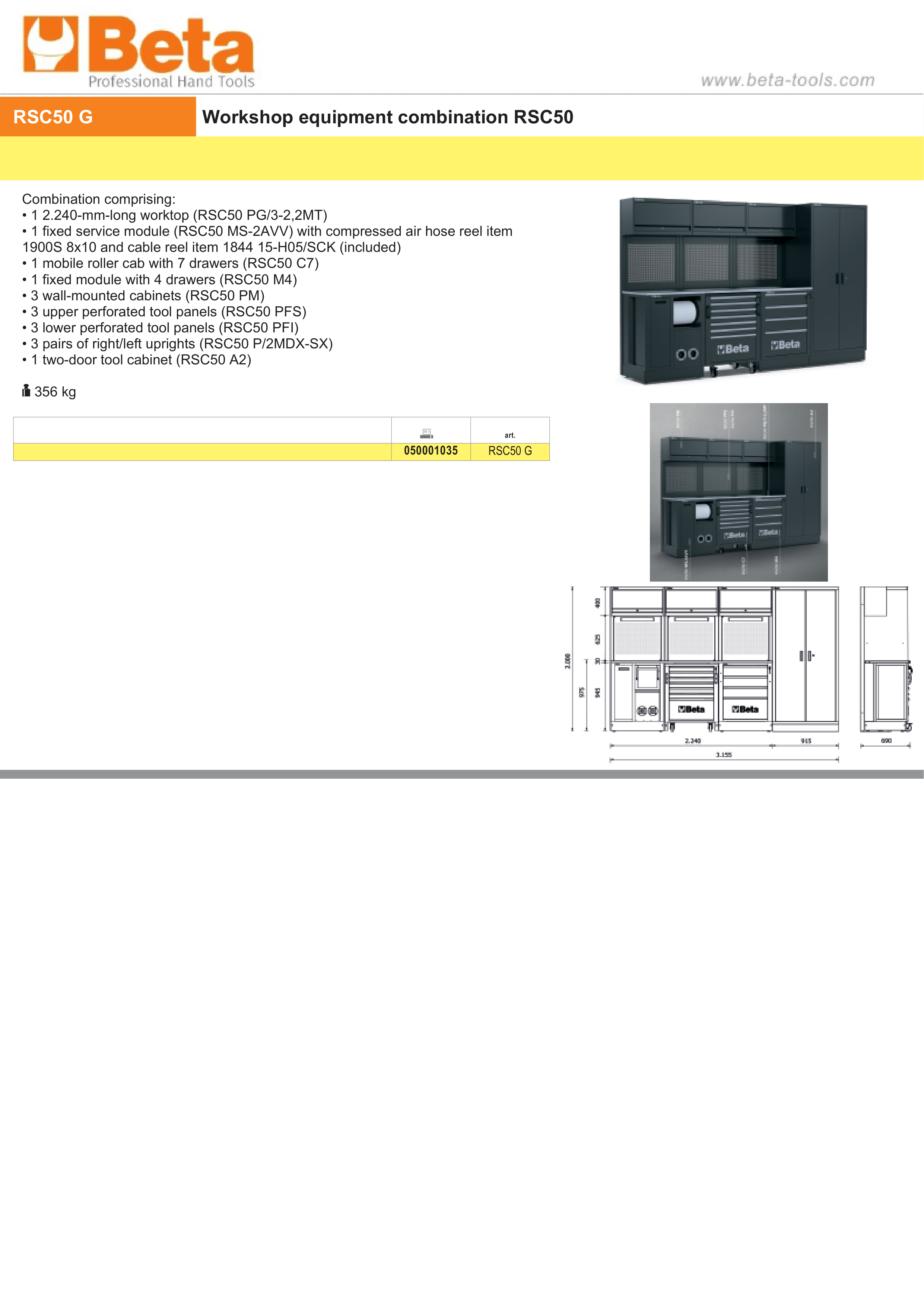 Workshop Equipment Combination RSC50 with 2.240mm Worktop, Drawers, Roller Cab, and Tool Panels - BetaRSC50 RSC50 G thumbnail 4