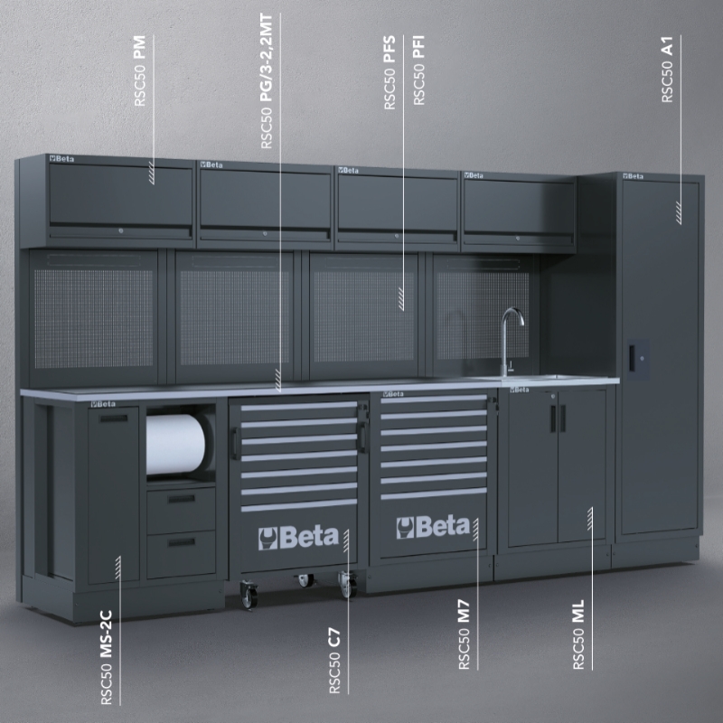 Workshop Equipment Combination RSC50 with 2.240mm Worktop, Drawers, Roller Cab, Sink, and Tool Panels - BetaRSC50 RSC50 H thumbnail 2