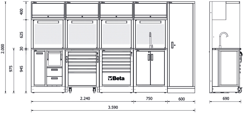 Workshop Equipment Combination RSC50 with 2.240mm Worktop, Drawers, Roller Cab, Sink, and Tool Panels - BetaRSC50 RSC50 H thumbnail 4