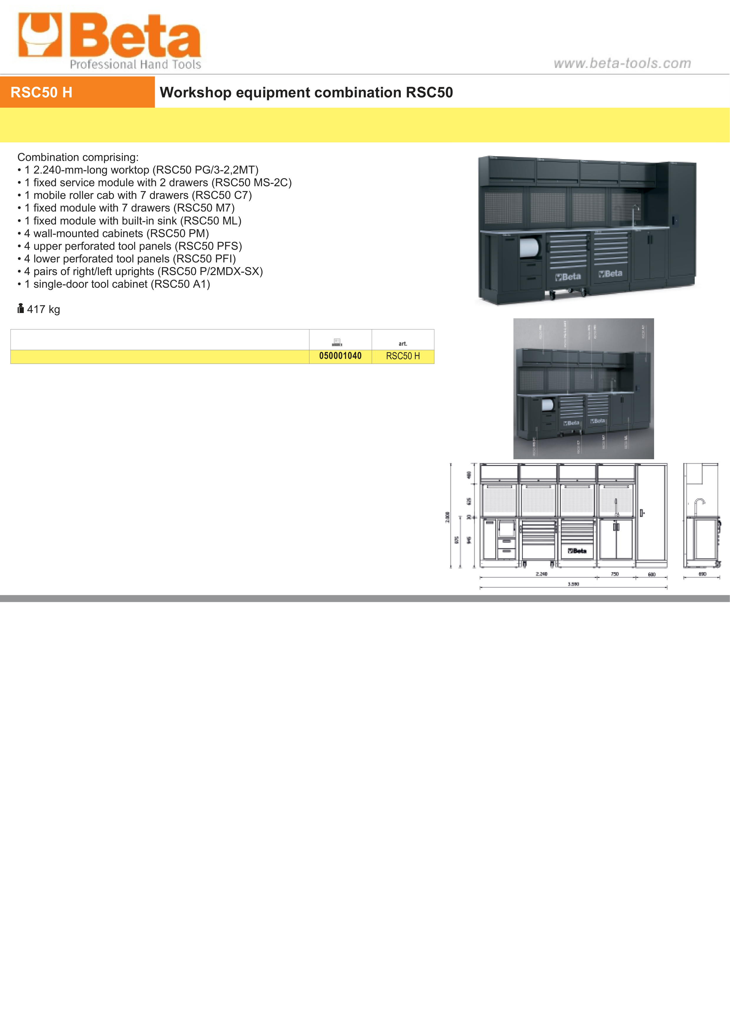 Workshop Equipment Combination RSC50 with 2.240mm Worktop, Drawers, Roller Cab, Sink, and Tool Panels - BetaRSC50 RSC50 H thumbnail 3