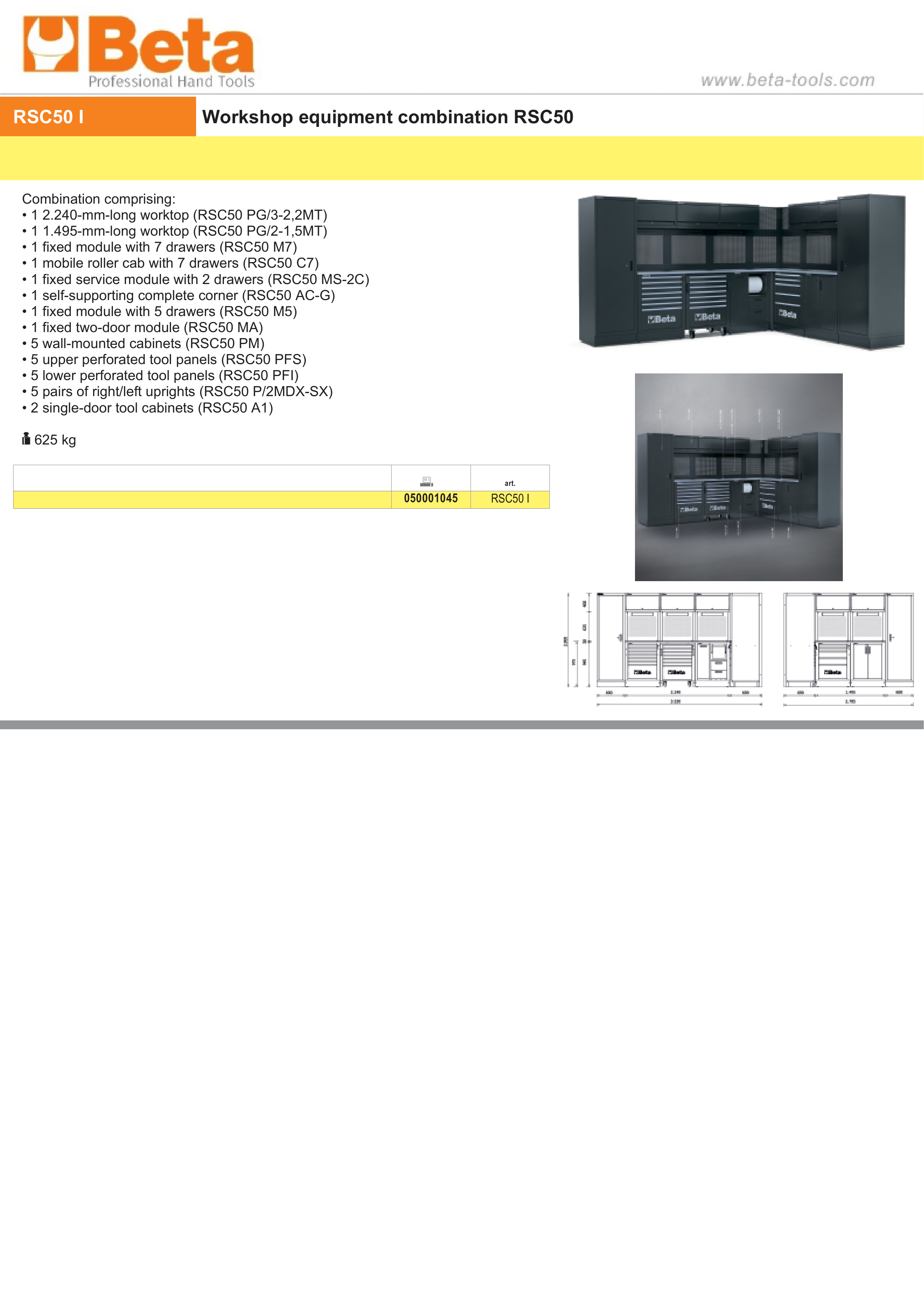 WORKSHOP EQUIPMENT COMBINATION BETA RSC50 I 2240mm 1495mm WORKTOPS DRAWERS ROLLER CAB thumbnail 3