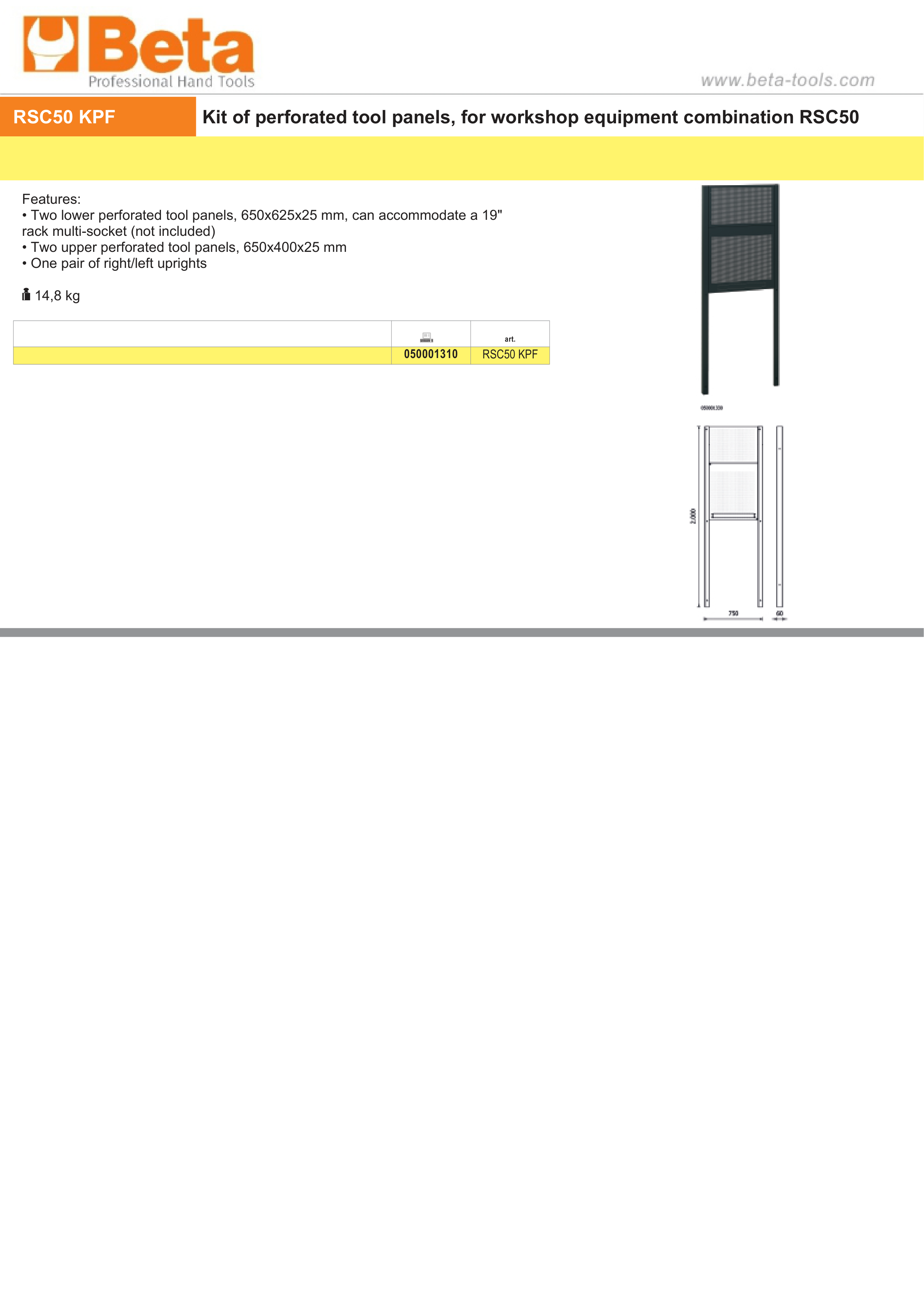 Perforated Tool Panel Kit for RSC50, Includes 2 Lower Panels 650x625mm, 2 Upper Panels 650x400mm, Pair of Uprights - BetaRSC50 RSC50 KPF thumbnail 3