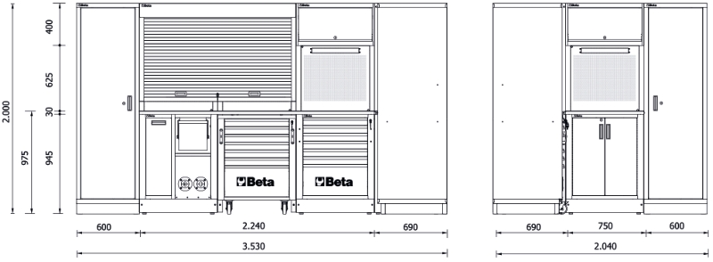WORKSHOP COMBINATION BETA RSC50 L 2240mm 750mm WORKTOPS DRAWERS ROLLER CAB CORNER TOOL PANELS thumbnail 4