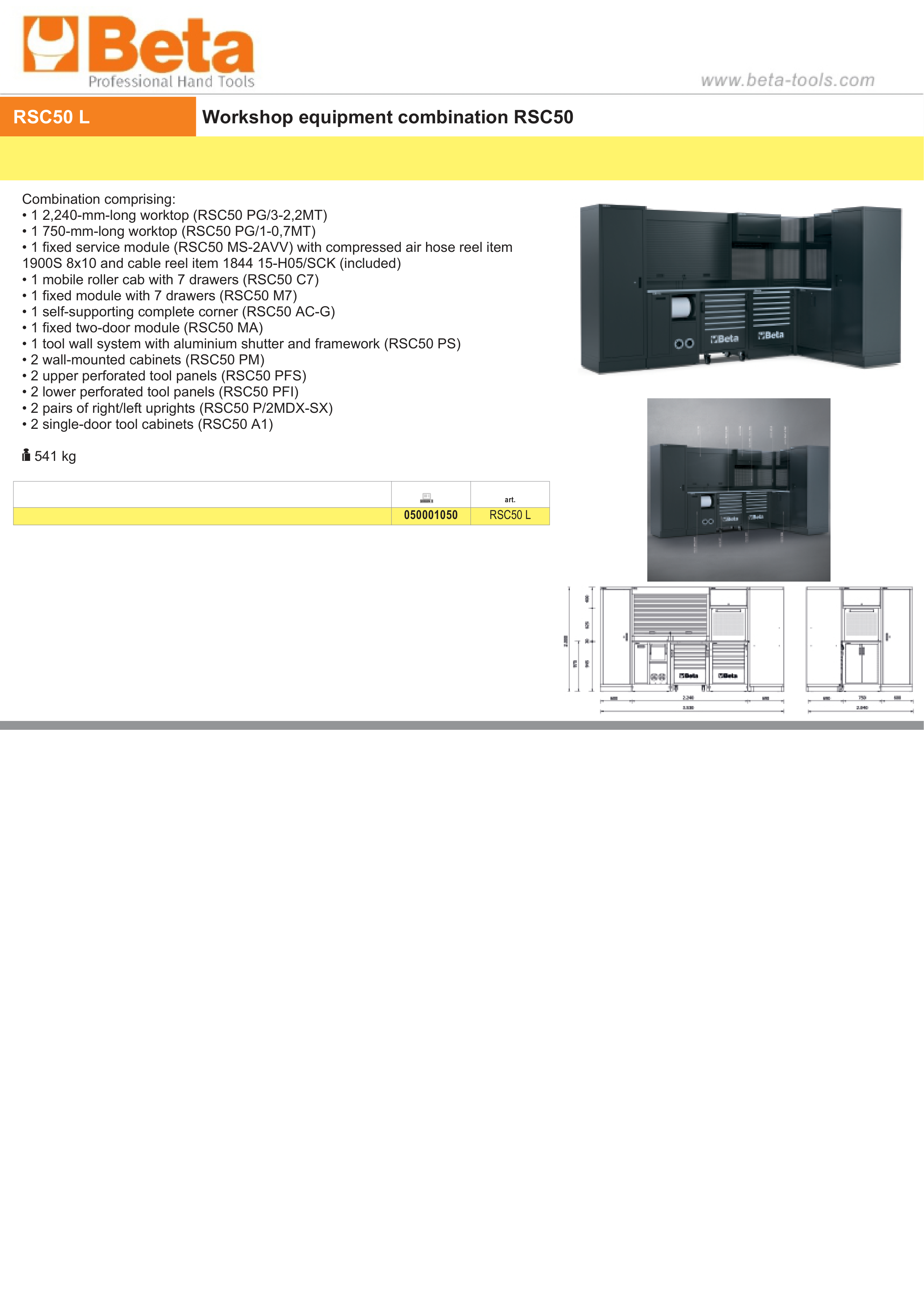 WORKSHOP COMBINATION BETA RSC50 L 2240mm 750mm WORKTOPS DRAWERS ROLLER CAB CORNER TOOL PANELS thumbnail 2