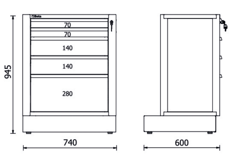 Fixed Module with 5 Drawers for RSC50, 588x367mm, Central Lock, Adjustable Feet - BetaRSC50 RSC50 M5 thumbnail 3