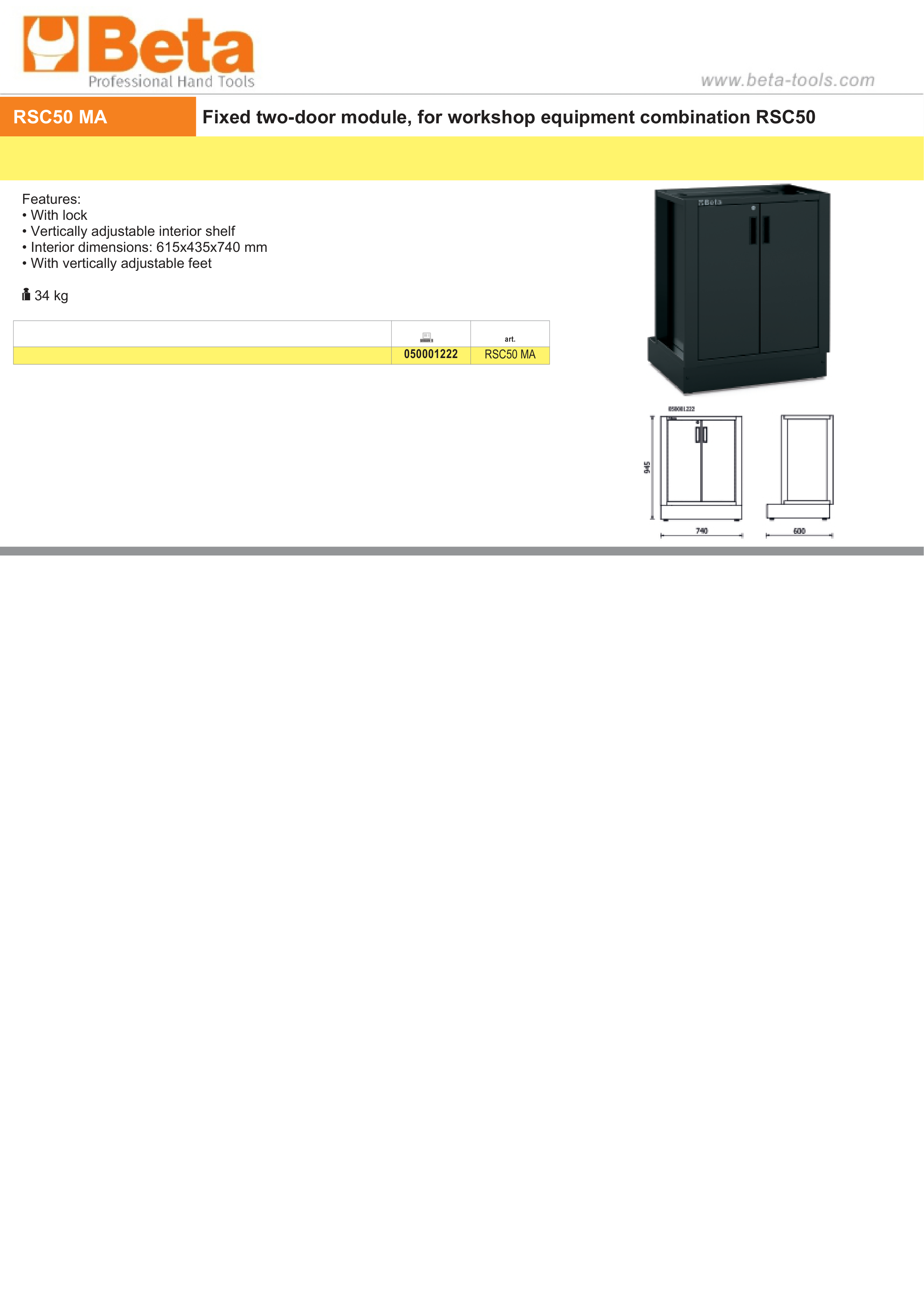 Fixed Two-Door Module for RSC50 with Lock and Adjustable Shelf, 615x435x740mm - BetaRSC50 RSC50 MA thumbnail 2
