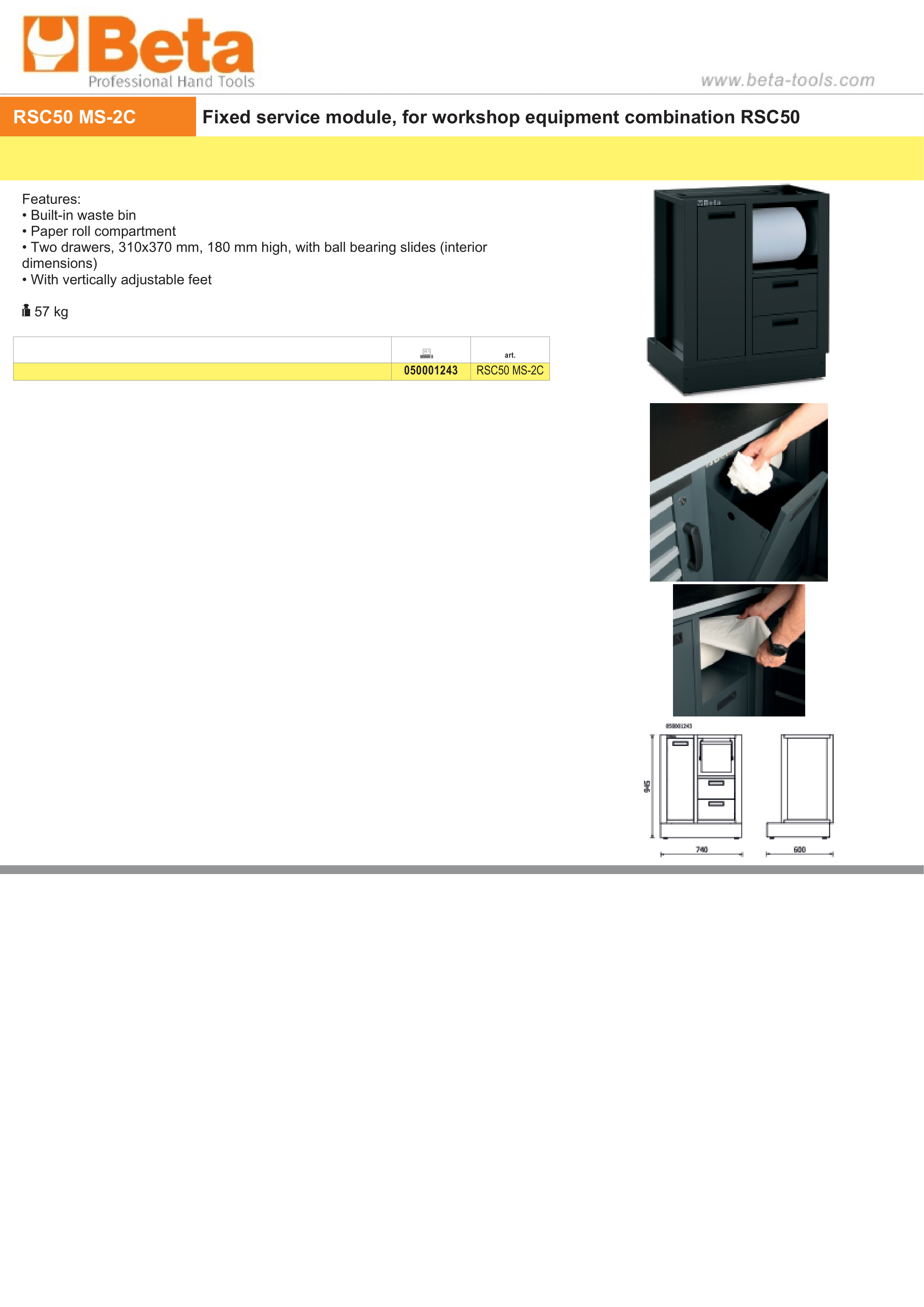 Fixed Service Module for RSC50 with Waste Bin, Paper Roll Compartment, 2 Drawers 310x370mm, Adjustable Feet - BetaRSC50 RSC50 MS-2C thumbnail 4
