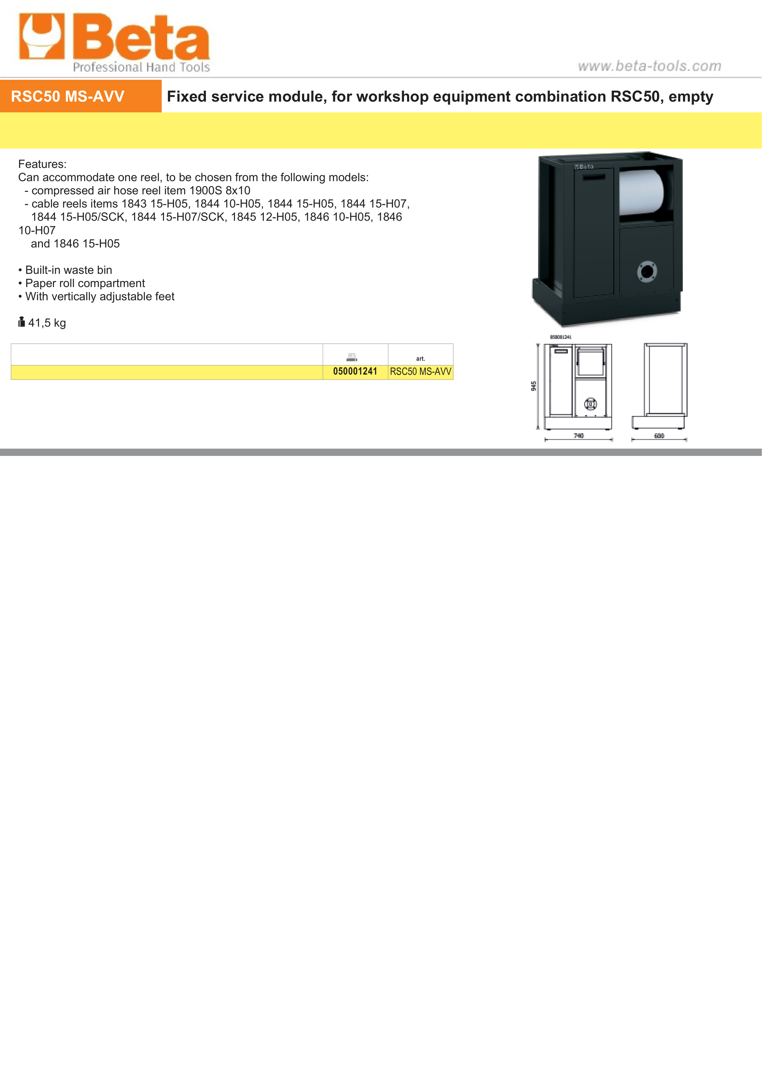 Fixed Service Module for RSC50, Empty, Built-in Waste Bin, Paper Roll Compartment, Adjustable Feet - BetaRSC50 RSC50 MS-AVV thumbnail 2