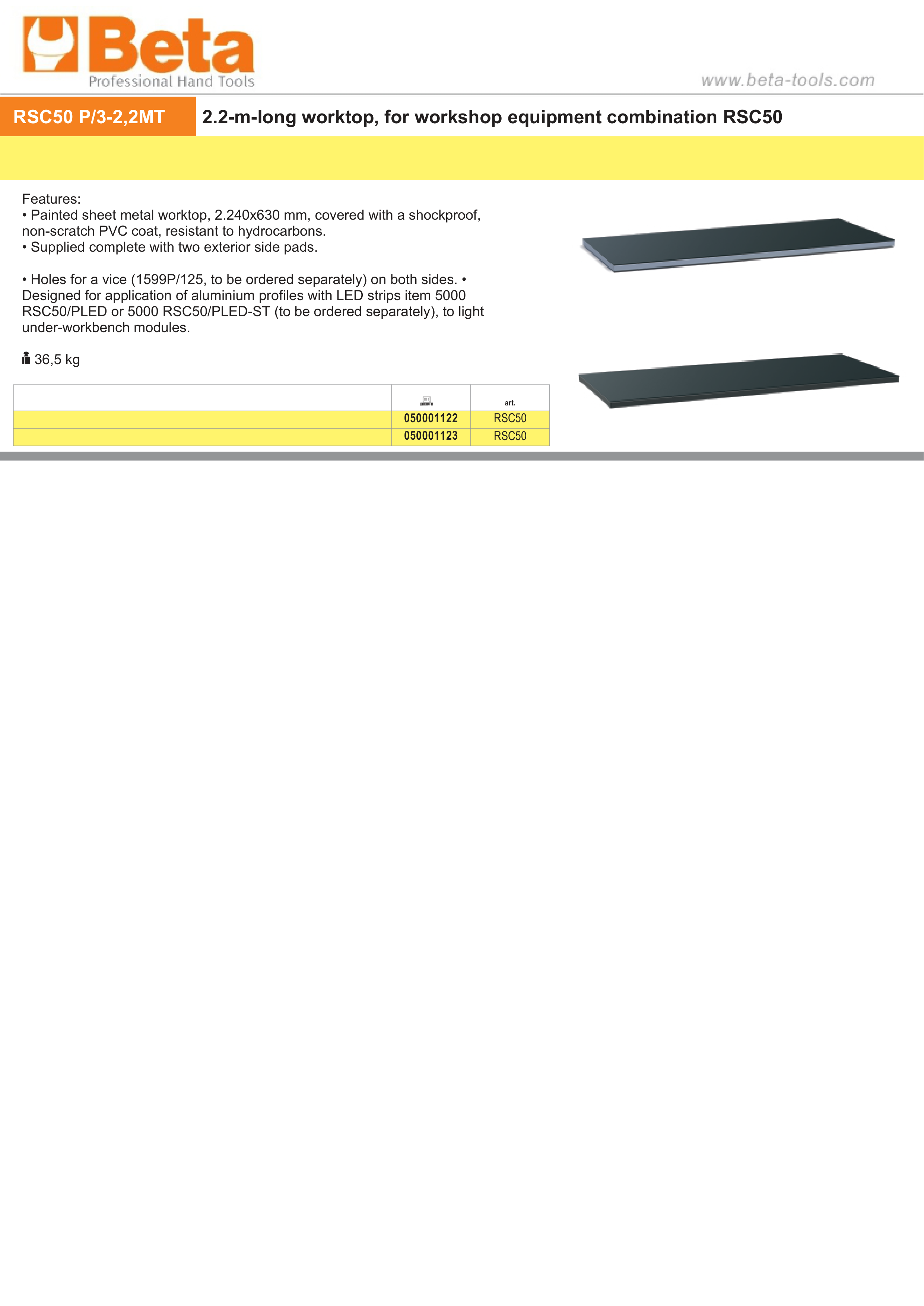 2.2m Worktop for RSC50 with PVC Coating, Side Pads, and Vice Holes - BetaRSC50 RSC50 PG/3-2,2MT thumbnail 2