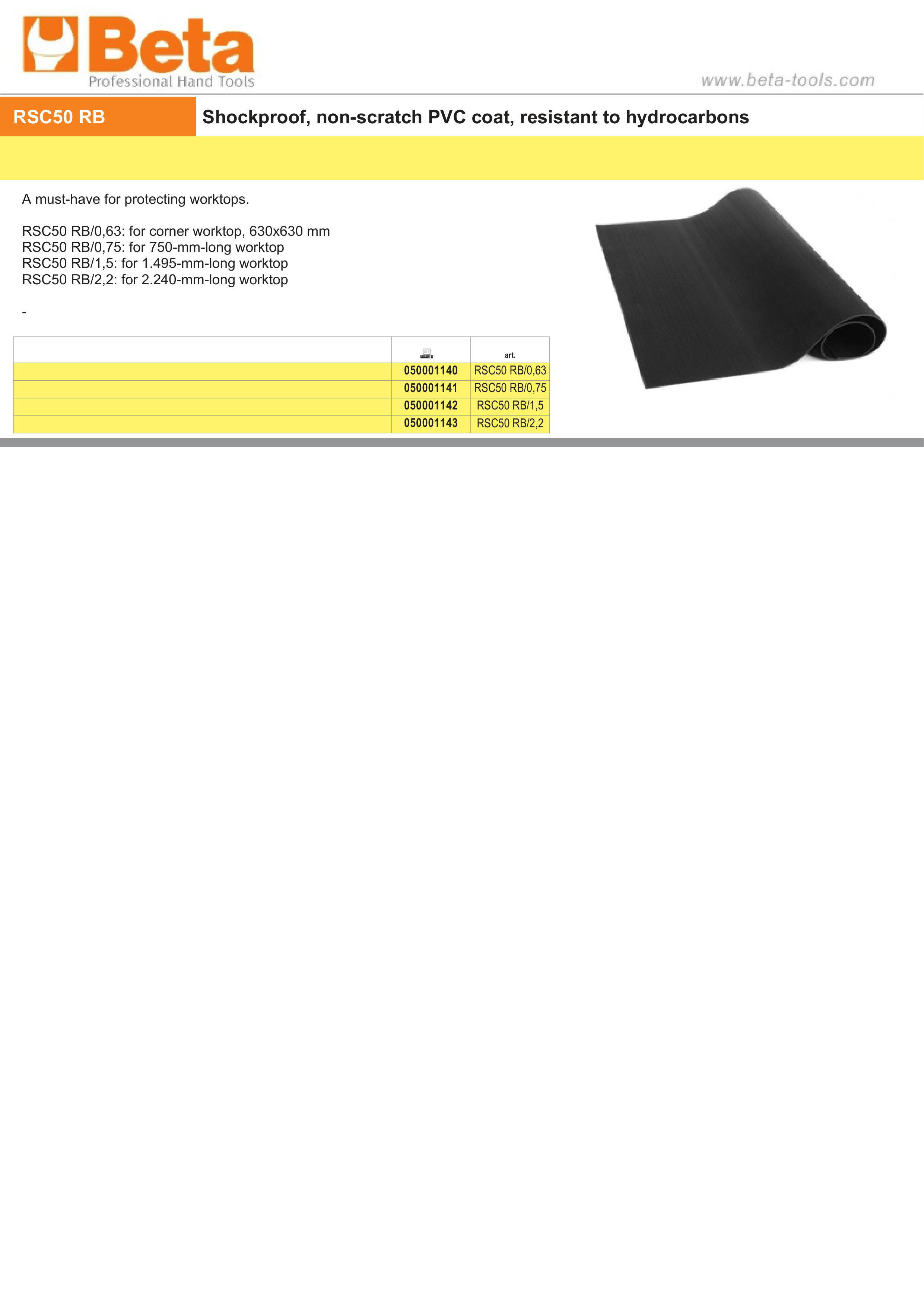Shockproof Non-Scratch PVC Coat for RSC50 Worktops 630mm - 2.240mm - BetaRSC50 RSC50 RB/0,63 thumbnail 2