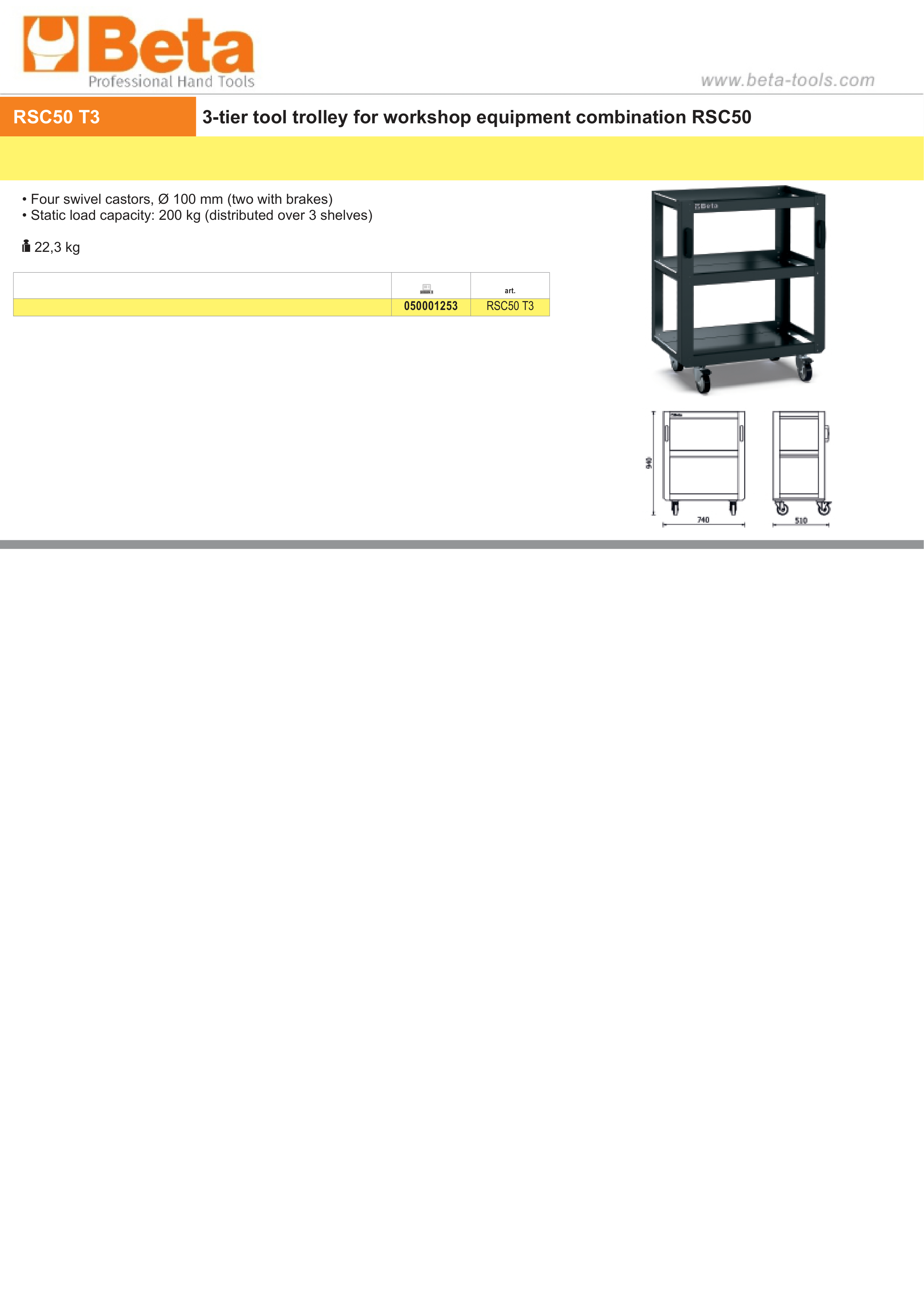 3-Tier Tool Trolley for RSC50, Four Swivel Castors 100mm, Two with Brakes, 200kg Load Capacity - BetaRSC50 RSC50 T3 thumbnail 3