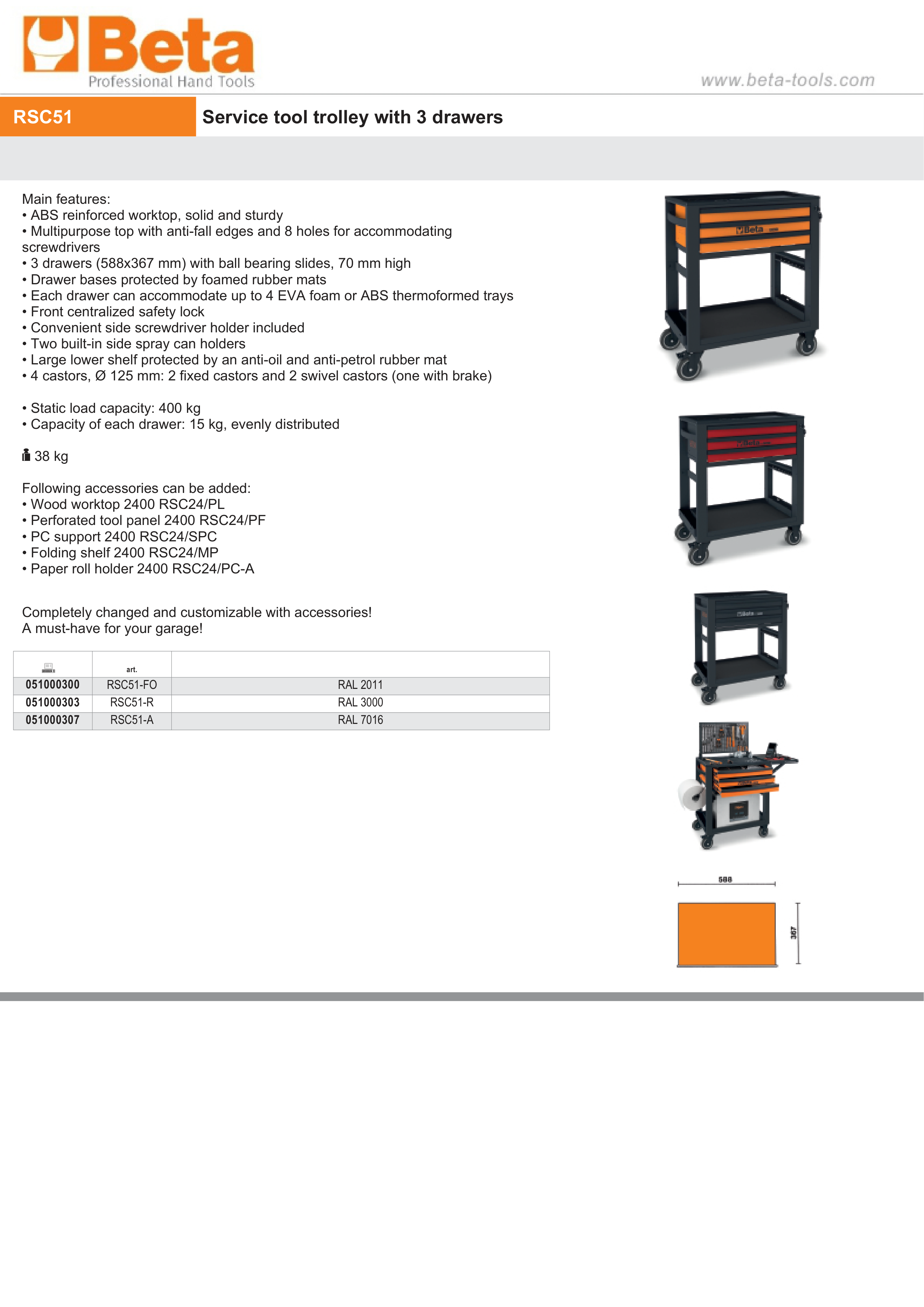 Service Tool Trolley with 3 Drawers, ABS Worktop, 4 Castors 125mm, 400kg Load Capacity - Beta Tools RSC51-FO thumbnail 6