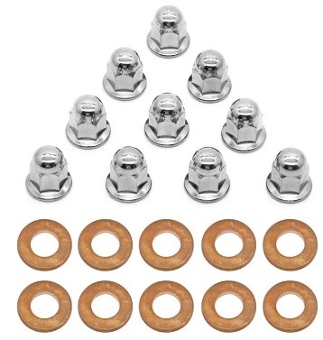 10Pcs M10X1.25 POLISHED ACORN HEAD NUTS AND 10 COPPER WASHERS 1987-2006 YAMAHA BANSHEE 350 image 1