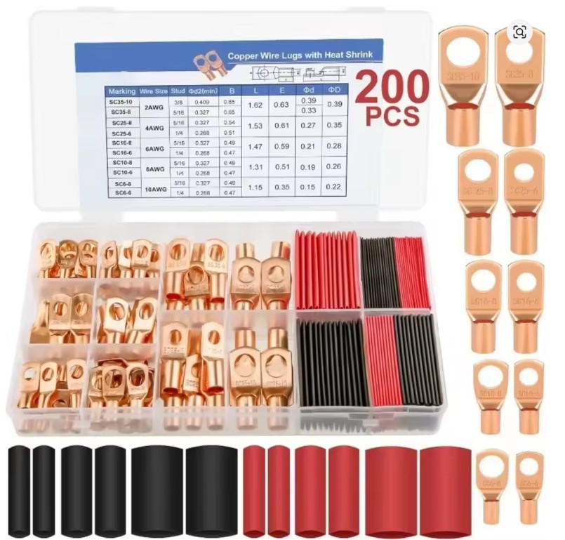 200pcs COPPER RING BATTERY CABLE LUGS TERMINAL CONNECTORS WITH RED AND BLACK HEAT SHRINK TUBES image 1