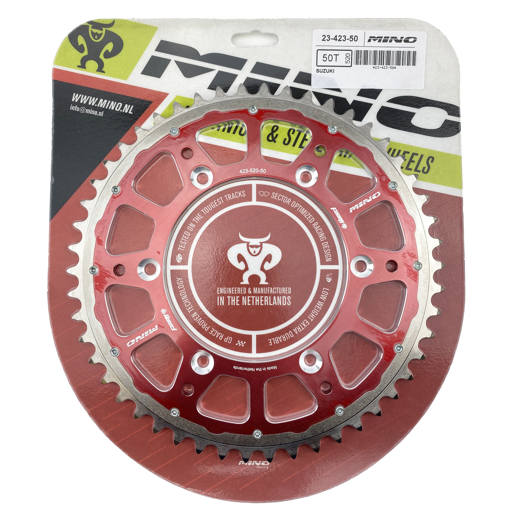 MINO REAR SPROCKET FUSION 2-RING, 23-423-50 RED STEEL/ALLOY image 1