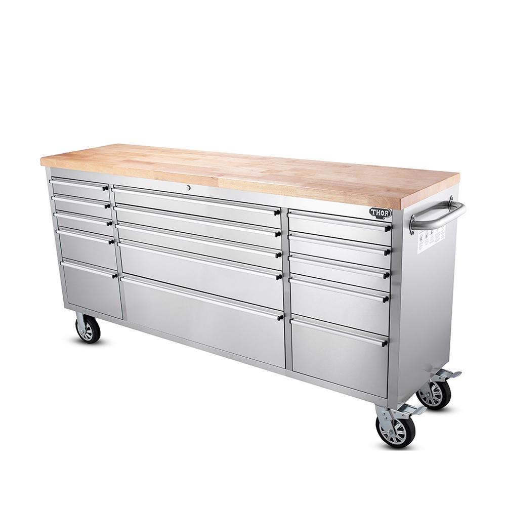 72 Brushed Stainless Steel Tool Chest Box 15 Drawers Solid Wooden Top thumbnail 3
