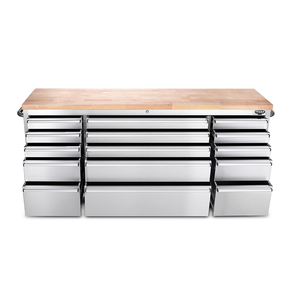 72 Brushed Stainless Steel Tool Chest Box 15 Drawers Solid Wooden Top thumbnail 4