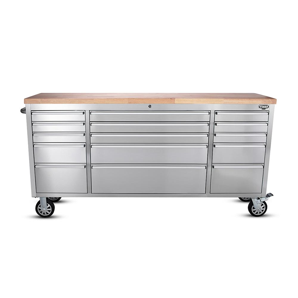 72 Brushed Stainless Steel Tool Chest Box 15 Drawers Solid Wooden Top thumbnail 5