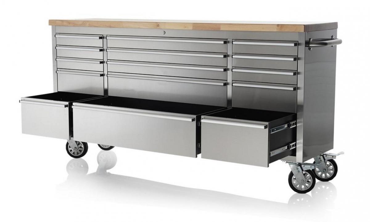 72 Brushed Stainless Steel Tool Chest Box 15 Drawers Solid Wooden Top thumbnail 6