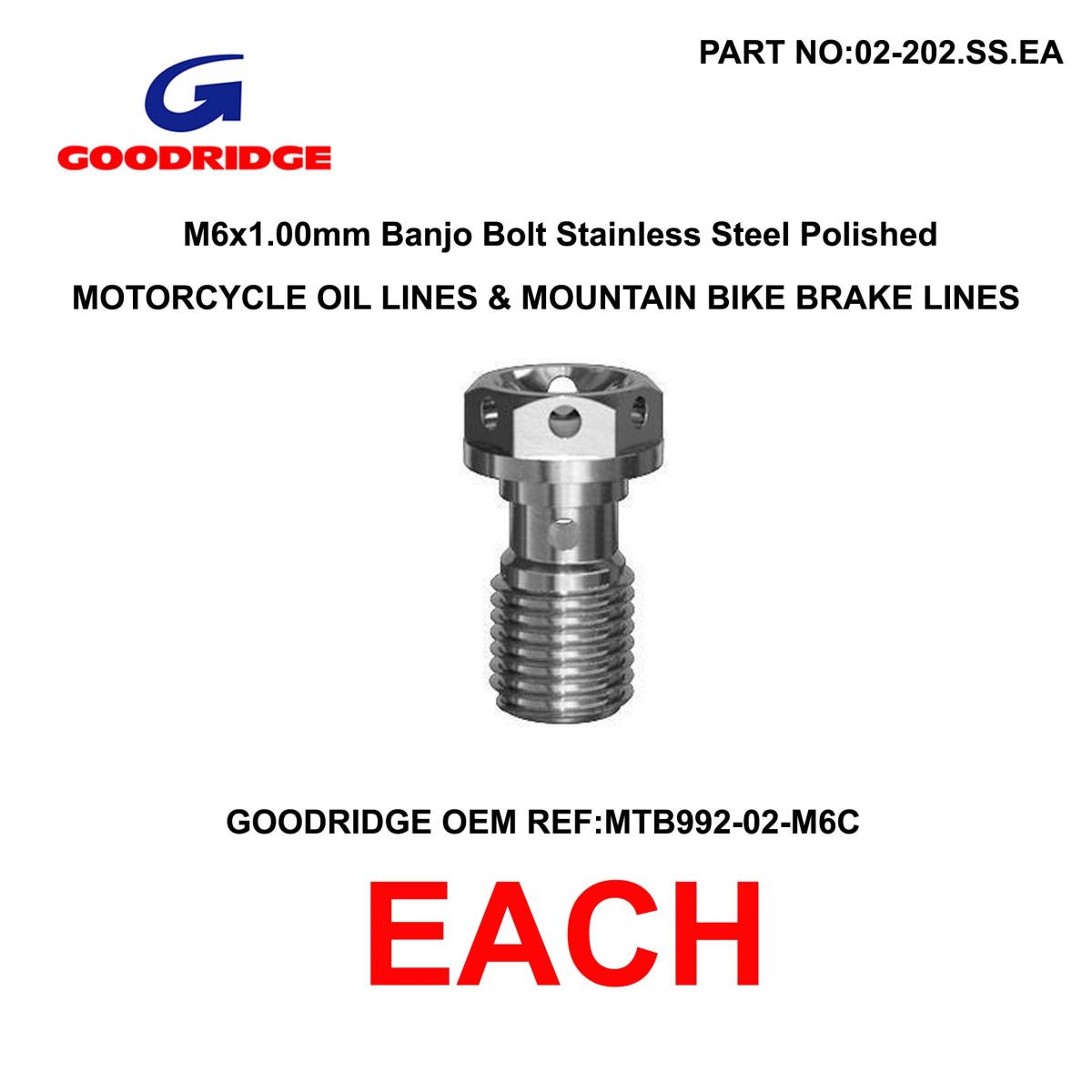 M6x1.00 BANJO BOLT GOODRIDGE, MTB BRAKE LINES AND MC OIL LINES, MTB992-02-M6C / STAINLESS STEEL thumbnail 3