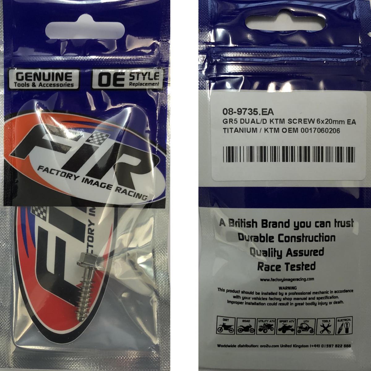 GR5 DUAL/D KTM SCREW 6x20mm EA, TITANIUM / KTM OEM 0017060206, SUIT 8MM SPANNER & TORX T30 thumbnail 2