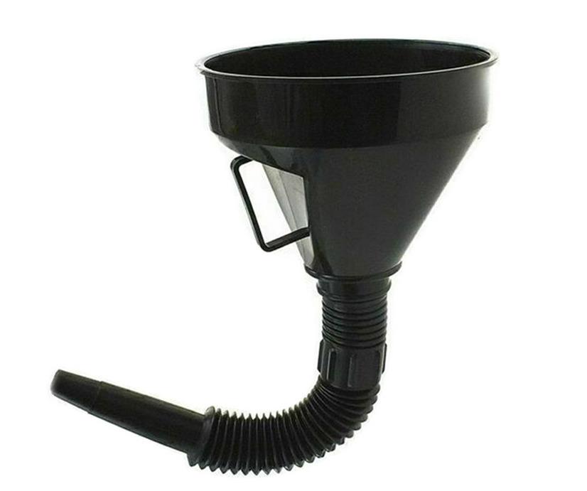 PLASTIC FLEXIBLE FUNNEL BLACK, 290MM LONG WITH FILTER MESH