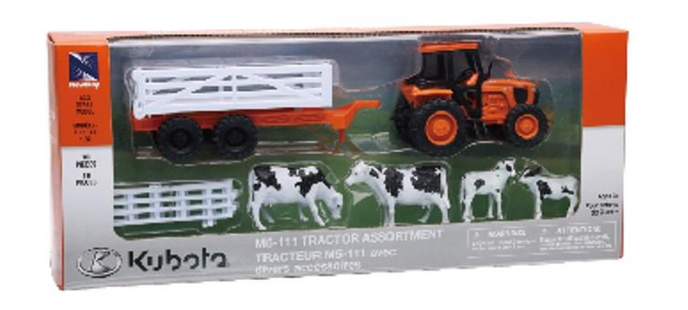 MODEL DIE CAST KUBOTA FARM TRACTOR, & ANIMALS SET, ORANGE, SCALE 1:32, NEWRAY SS-15825A thumbnail 2