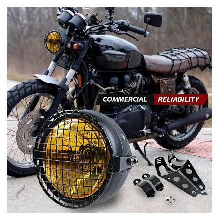 HEADLIGHT YELLOW CAFE RACER VINTAGE STYLE, WITH GRILLE AND MOUNTING BRACKET thumbnail 2