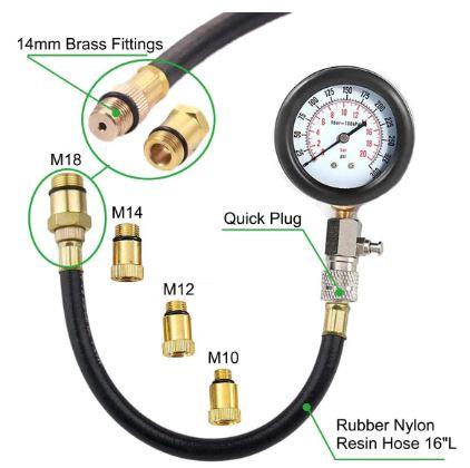 PETROL ENGINE COMPRESSION TEST TOOL KIT, 10 12 14 & 18mm PLUGS / 0-300psi 0-20bar thumbnail 4
