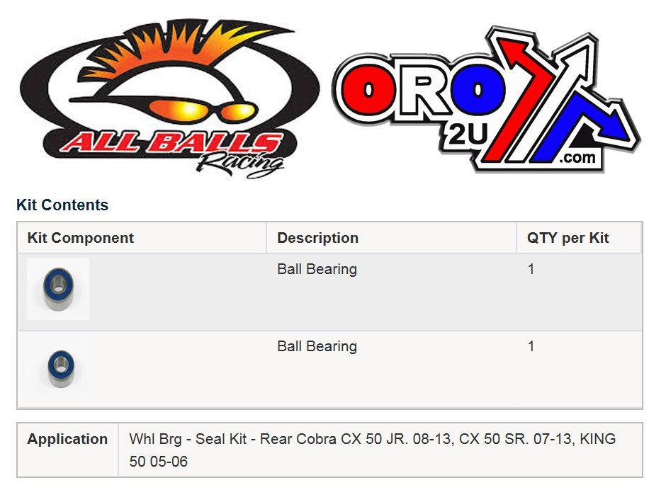 WHEEL BEARING KIT REAR 05-13 COBRA CX/KING 50, ALLBALLS 25-1681 DIRT thumbnail 3