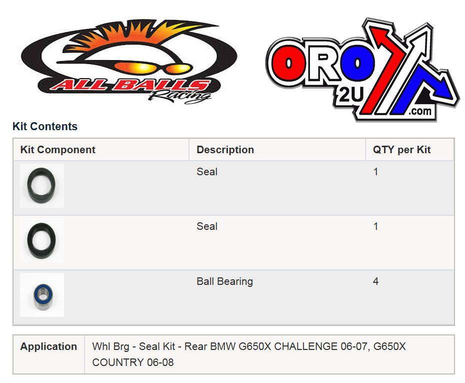 WHEEL BEARING KIT REAR 06-08 BMW G650X COUNTRY/CHALLENGE, ALLBALLS 25-1672 ROAD thumbnail 3