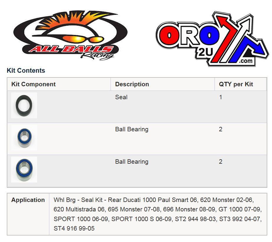 WHEEL BEARING KIT REAR 98-14 DUCATI GT/ST/SPORT/MONS/MULTI, ALLBALLS 25-1668 ROAD thumbnail 3