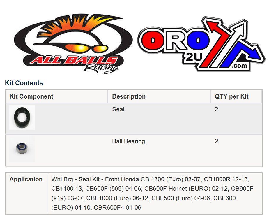 WHEEL BEARING KIT FRONT 02-17 HON CB/CBF/CBR, ALLBALLS 25-1653 ROAD thumbnail 2