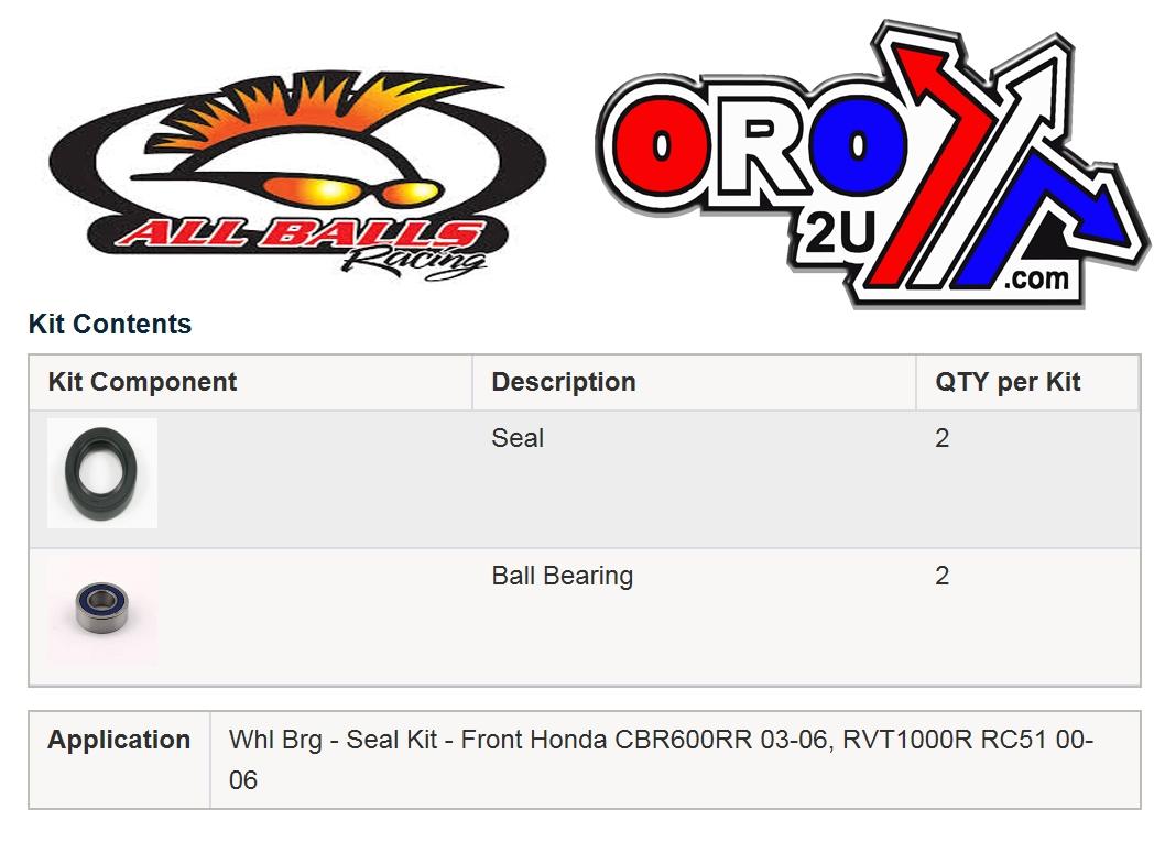 WHEEL BEARING KIT FRONT 00-06 HON CBR600/RVT1000 RC51, ALLBALLS 25-1654 ROAD thumbnail 2