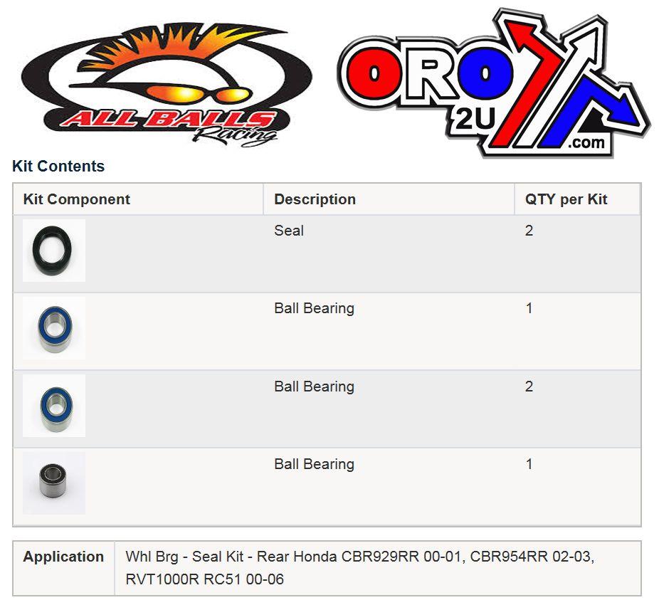 WHEEL BEARING KIT REAR 00-06 HON CBR929/954/RVT1000 RC51, ALLBALLS 25-1657 ROAD thumbnail 3