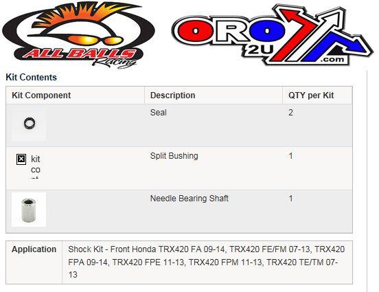 FRONT SHOCK BUSHING KIT TRX420, ALLBALLS 21-1009 HONDA ATV 91351-HN0-671, 52452-GW6-003, 51486-HN6-003 thumbnail 3
