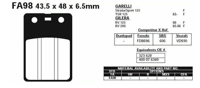 BRAKE PADS VESRAH VD930, (EBC FA98 FA098) thumbnail 2