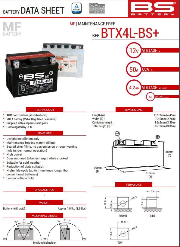 BATTERY BTX4L+/BTZ5S 12V SLA RANGE,300669, BS-BTX4L-BS, LT4-3 thumbnail 2