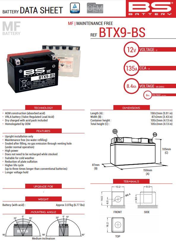 BATTERY YTX9-BS 12V MA.FREE, BS Maintenance Free BTX9-BS, 300621, BS-BTX9-BS thumbnail 2