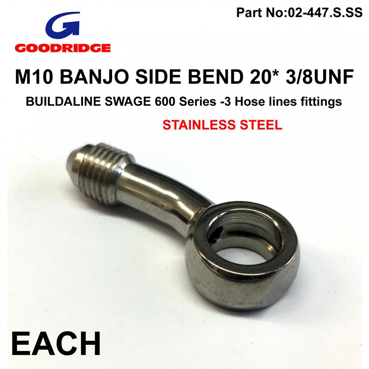 M10 BANJO 20* SIDE BEND 3/8UNF, B597-03C SWAGE CRIMP FITTING 600 Series -3, GOODRIDGE / STAINLESS STEEL thumbnail 2