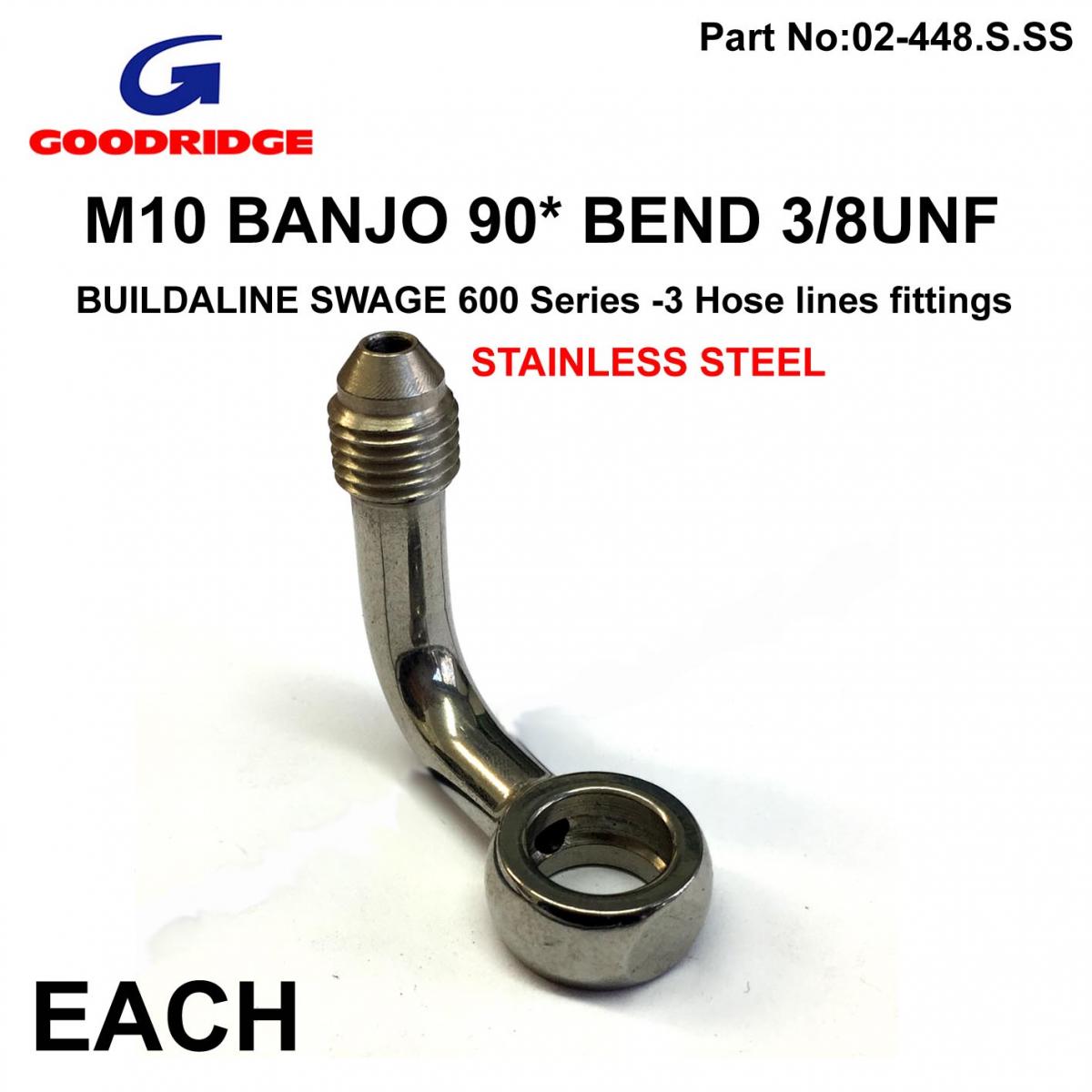 M10 BANJO 90* BEND 3/8UNF GR, B599-03C SWAGE CRIMP FITTING 600 Series -3, GOODRIDGE / STAINLESS STEEL thumbnail 2