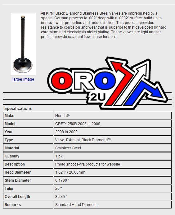 VALVE EXHAUST CRF250R 08-09 BLACK DIAMOND SS, KIBBLEWHITE 30-31166 HONDA, BLACK DIAMOND 14721-KRN-A10 thumbnail 3