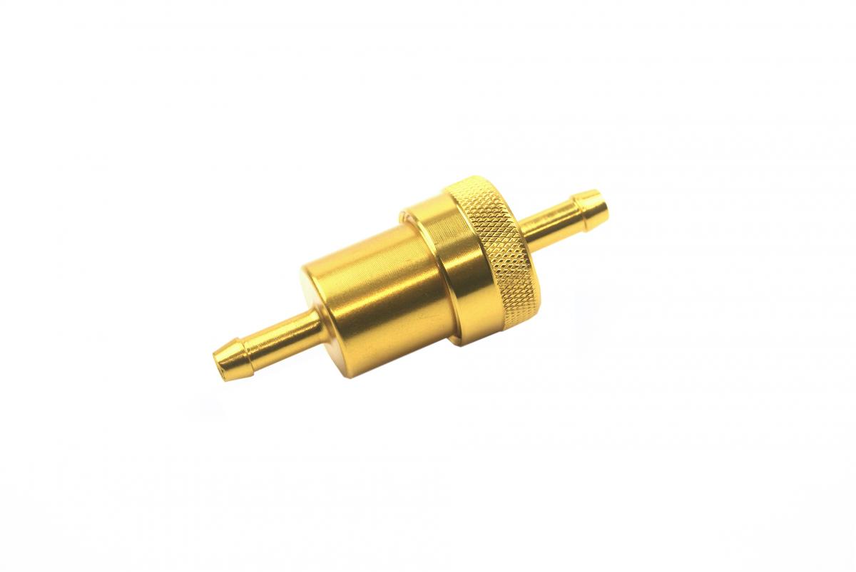 INLINE FUEL FILTER ALLOY 6mm 1/4 GOLD WITH CLEANABLE FILTER